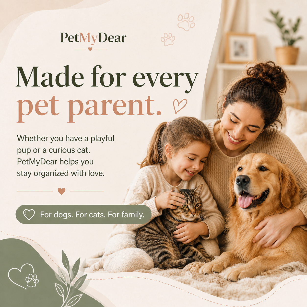 A family with their dog and cat using PetMyDear