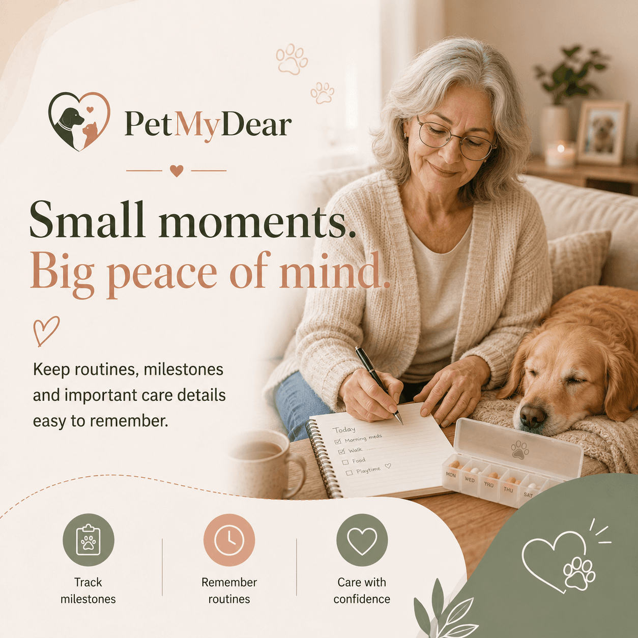 A pet parent tracking care routines and milestones in a notebook