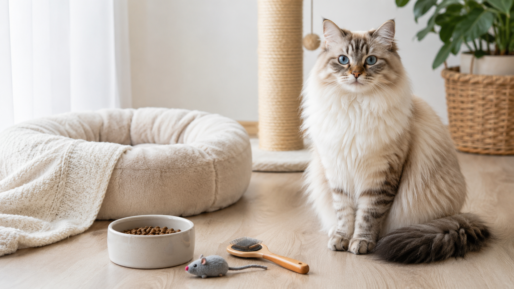 A fluffy cat relaxing at home