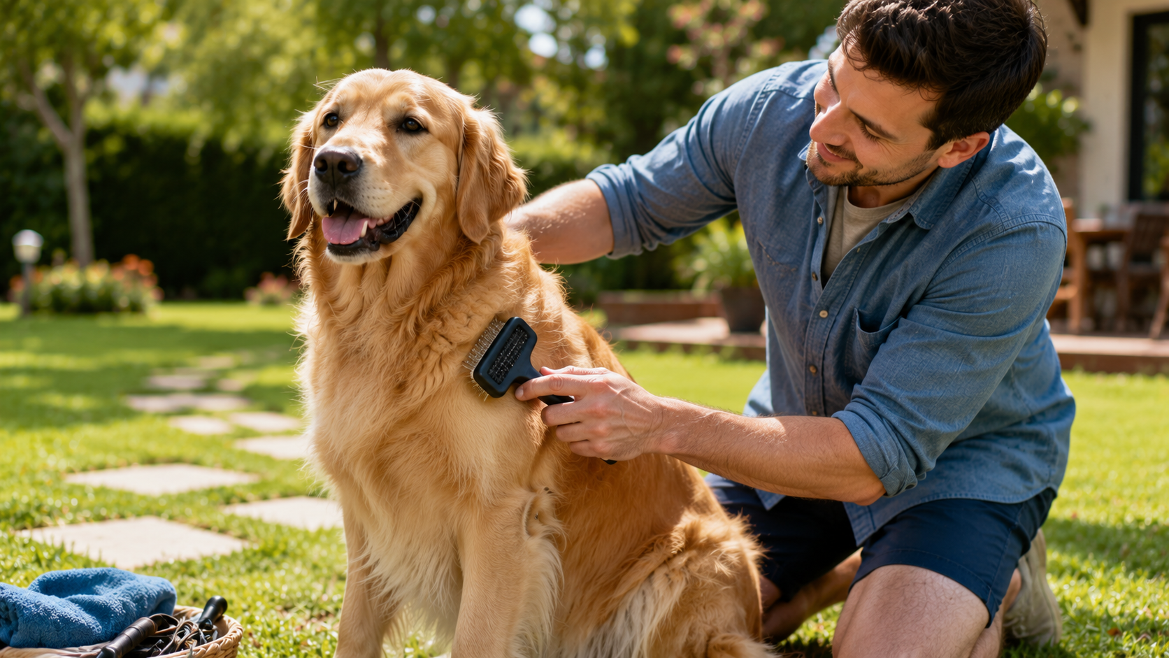A happy golden retriever enjoying time with their person