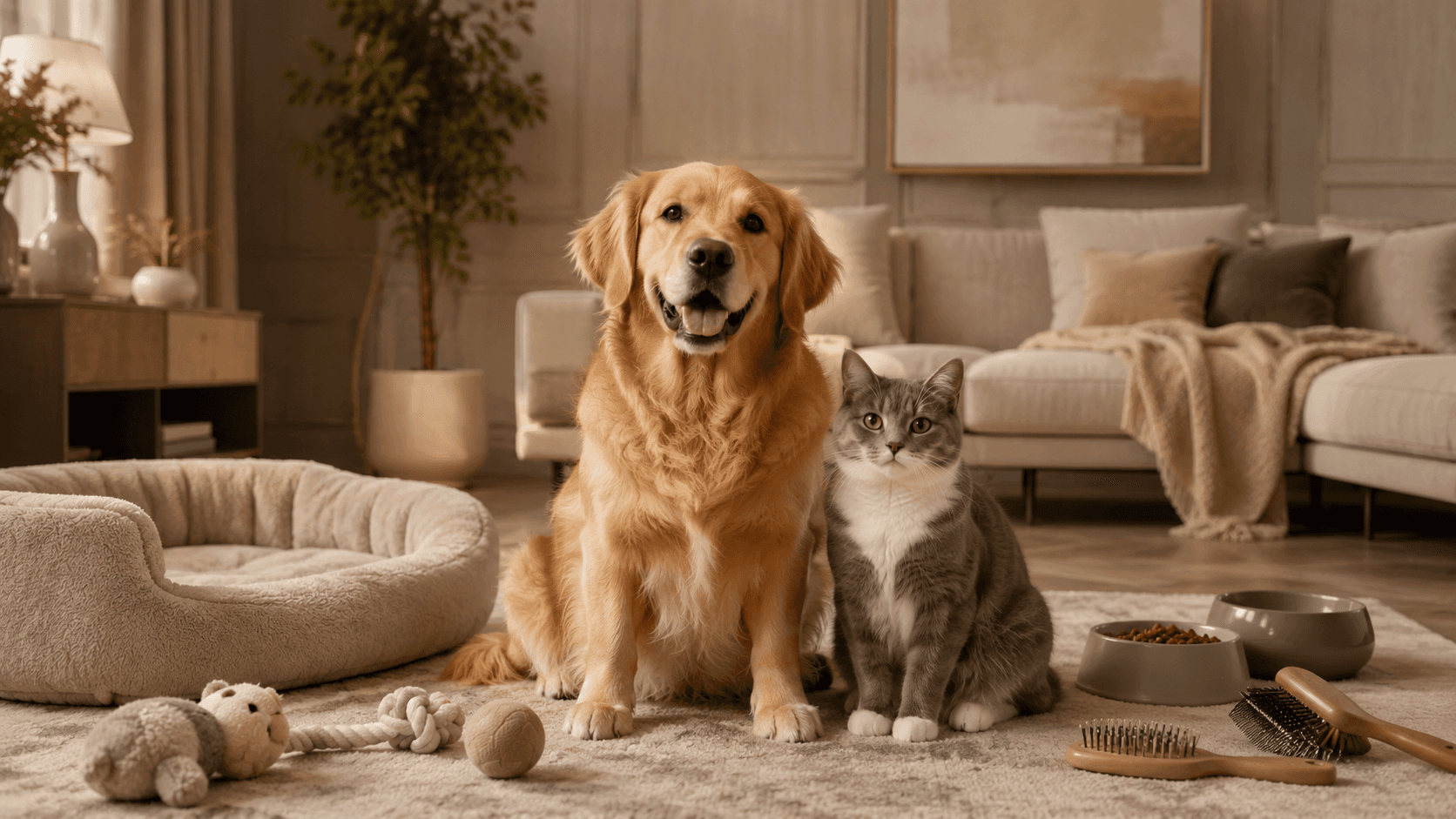 A dog and cat sitting calmly together in a living room
